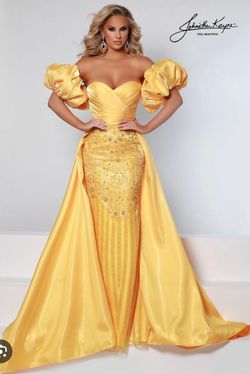 Style 2502 Johnathan Kayne Yellow Size 6 Strapless Pageant Sleeves Sweetheart Train Dress on Queenly