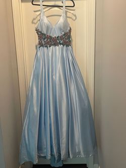 Vienna Light Blue Size 4 Floor Length Plunge Ball gown on Queenly
