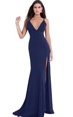Style 58557 Jovani Blue Size 12 Black Tie Spaghetti Strap 58557 Side slit Dress on Queenly