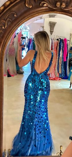 Jovani Blue Size 2 Plunge Jersey Mermaid Dress on Queenly