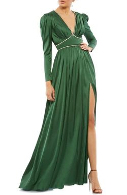Mac Duggal Green Size 14 Plus Size Long Sleeve Side slit Dress on Queenly