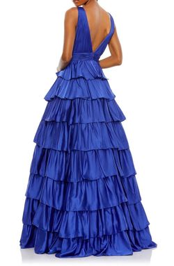 Mac  Duggal Blue Size 10 Floor Length Ruffles Plunge Ball gown on Queenly