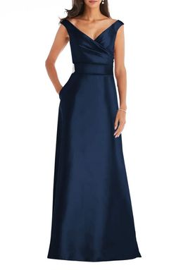 Style D811S Alfred Sung Blue Size 0 Floor Length Military Pockets Satin A-line Dress on Queenly