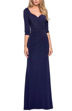 La Femme Blue Size 2 Military Floor Length Jersey V Neck A-line Dress on Queenly