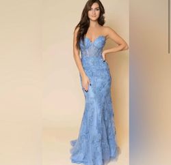 Style 54227 Sherri Hill Blue Size 8 Floor Length Wedding Guest A-line Dress on Queenly
