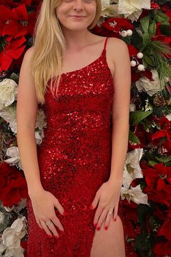 Style Sequin dress with leg split  BabyDoll Red Size 4 50 Off One Shoulder Floor Length Side slit Dress on Queenly