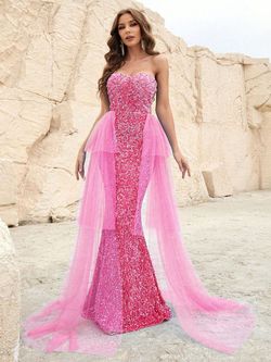 Style FSWD1115 Faeriesty Pink Size 0 Tall Height Sheer Polyester Sequined Mermaid Dress on Queenly