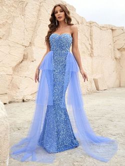 Style FSWD1115 Faeriesty Blue Size 0 Jersey Sequined Tall Height Floor Length Mermaid Dress on Queenly