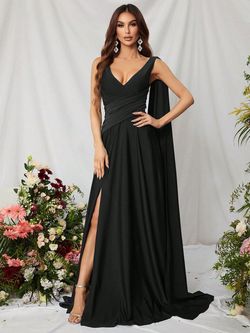 Style FSWD0772 Faeriesty Black Size 4 A-line Satin Tall Height Floor Length Side slit Dress on Queenly