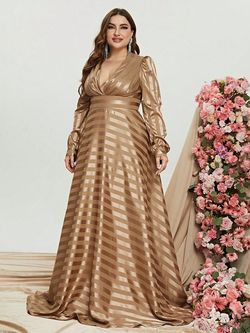 Style FSWD1037P Faeriesty Gold Size 20 Plunge Fswd1037p Polyester Long Sleeve A-line Dress on Queenly