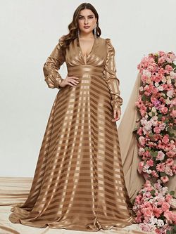 Style FSWD1037P Faeriesty Gold Size 20 Plunge Fswd1037p Polyester Long Sleeve A-line Dress on Queenly