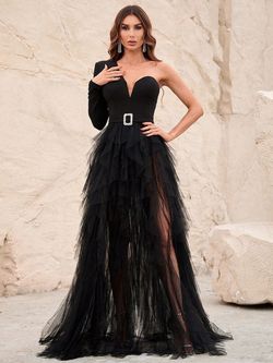 Style FSWD1313 Faeriesty Black Size 16 Tulle Floor Length One Shoulder Straight Dress on Queenly