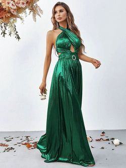 Style FSWB7007 Faeriesty Green Size 4 Halter Polyester Tall Height Jumpsuit Dress on Queenly
