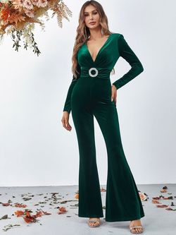 Style FSWB7020 Faeriesty Green Size 0 Velvet Tall Height Jumpsuit Dress on Queenly