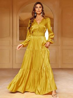 Style FSWD0966 Faeriesty Yellow Size 12 Plus Size Belt Straight Dress on Queenly