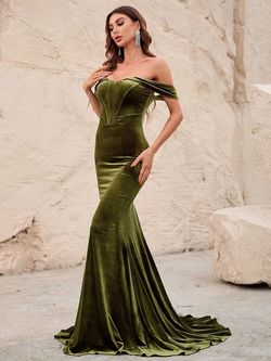 Style FSWD0911 Faeriesty Green Size 0 Jersey Velvet Tall Height Mermaid Dress on Queenly