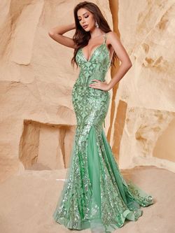 Style FSWD0673 Faeriesty Green Size 0 Corset Jersey Sequined Mermaid Dress on Queenly