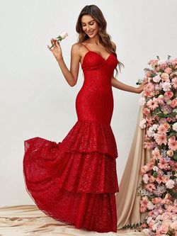 Style FSWD0905 Faeriesty Red Size 12 Jersey Sequined Spaghetti Strap Mermaid Dress on Queenly