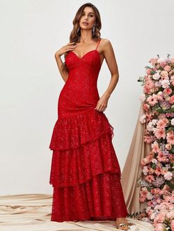 Style FSWD0905 Faeriesty Red Size 12 Jersey Sequined Spaghetti Strap Mermaid Dress on Queenly