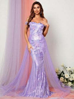 Style FSWD1163 Faeriesty Purple Size 12 Military Sequined Polyester Mermaid Dress on Queenly