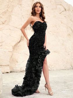 Style FSWD1148 Faeriesty Black Size 4 Military Sweetheart Sequined Straight Dress on Queenly