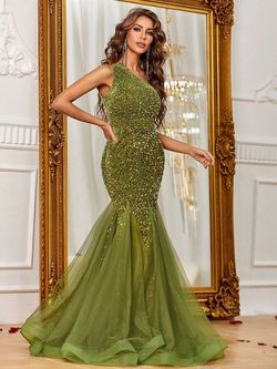Style FSWD1150 Faeriesty Green Size 4 Olive Polyester One Shoulder Sequined Mermaid Dress on Queenly