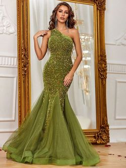 Style FSWD1150 Faeriesty Green Size 8 Sheer Fswd1150 One Shoulder Floor Length Mermaid Dress on Queenly