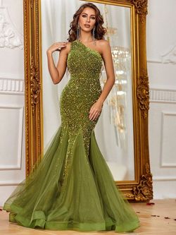 Style FSWD1150 Faeriesty Green Size 12 Plus Size One Shoulder Sheer Fswd1150 Mermaid Dress on Queenly