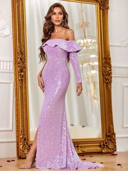 Style FSWD1281 Faeriesty Purple Size 0 Sequined Floor Length Mermaid Dress on Queenly