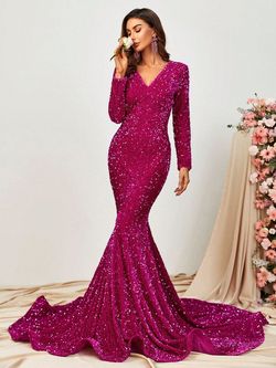 Style FSWD0536 Faeriesty Pink Size 4 Tall Height Sequined Barbiecore Fitted Sleeves Straight Dress on Queenly