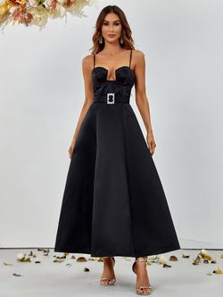 Style FSWD1711 Faeriesty Black Size 4 Satin Tall Height Floor Length Spaghetti Strap A-line Dress on Queenly