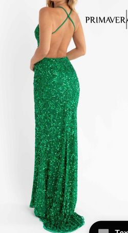 Style 3295 Primavera Green Size 14 Plus Size Plunge Side slit Dress on Queenly
