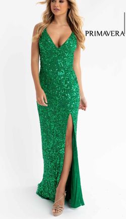 Style 3295 Primavera Green Size 14 Emerald Plunge Side slit Dress on Queenly