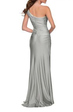 La Femme Silver Size 4 Polyester One Shoulder Black Tie Shiny Floor Length Side slit Dress on Queenly