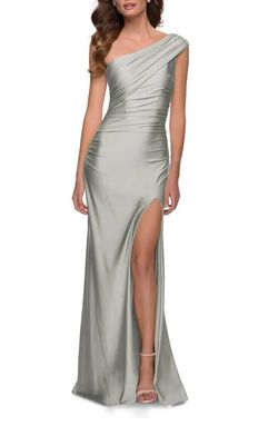 La Femme Silver Size 4 Floor Length Shiny Jersey One Shoulder Side slit Dress on Queenly