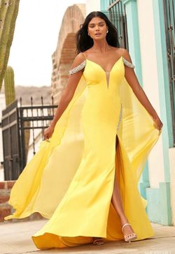 Style 54420 Sherri Hill Yellow Size 4 Cape Black Tie Side slit Dress on Queenly