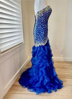 MoriLee Blue Size 6 Strapless Side slit Dress on Queenly