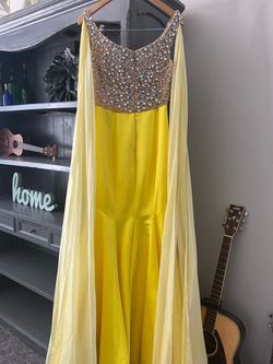 Ashley Lauren Yellow Size 6 Satin Plunge Cape Mermaid Dress on Queenly