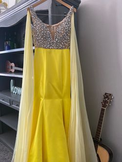 Ashley Lauren Yellow Size 6 Satin Plunge Cape Mermaid Dress on Queenly