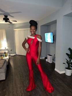 Style Custom  Jessica Angel Red Size 4 Plunge Sorority Formal Sequined Asymmetrical Jumpsuit Dress on Queenly