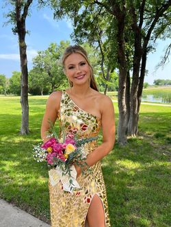 Style 53922 Sherri Hill Gold Size 6 Pageant Prom Side slit Dress on Queenly