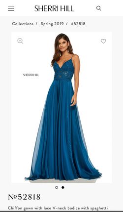 Style 52818 Sherri Hill Blue Size 6 Plunge Sorority Formal Pageant Straight Dress on Queenly