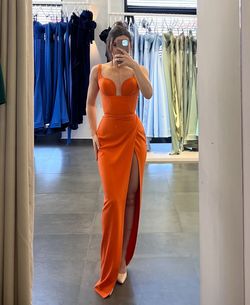 Lia Stublla Orange Size 2 Tall Height Bridesmaid Graduation Plunge Straight Dress on Queenly