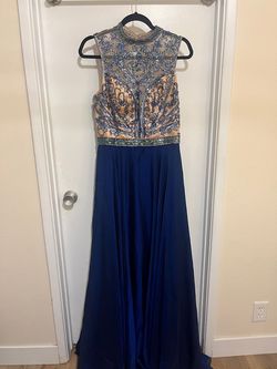 Sherri Hill Blue Size 12 High Neck Military A-line Dress on Queenly