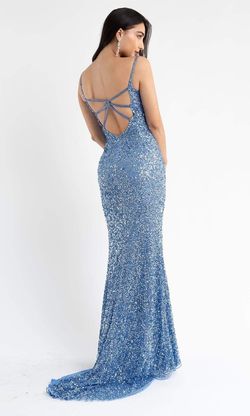 Style 3792 Primavera  Blue Size 2 Pageant Black Tie Spaghetti Strap Plunge Prom Side slit Dress on Queenly