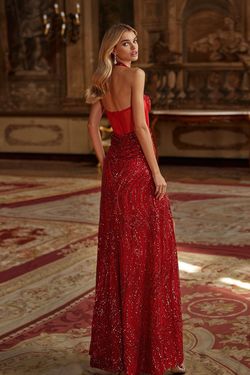 Style Jackie Alamour The Label Red Size 0 Floor Length Tall Height Sheer Sequined Straight Side slit Dress on Queenly