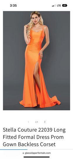 Style 22039 Stella Couture Orange Size 4 Sorority Formal Side slit Dress on Queenly