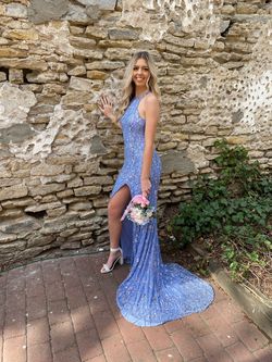 Style 53441 Sherri Hill Blue Size 0 High Neck Floor Length Side slit Dress on Queenly