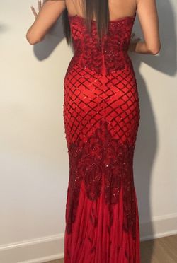 Primavera Red Size 00 Showstopper Side Slit Fully-beaded Mermaid Dress on Queenly