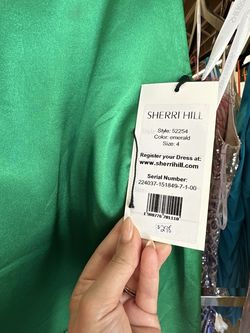 Style 52254 Sherri Hill Green Size 4 High Neck Tall Height Cocktail Dress on Queenly